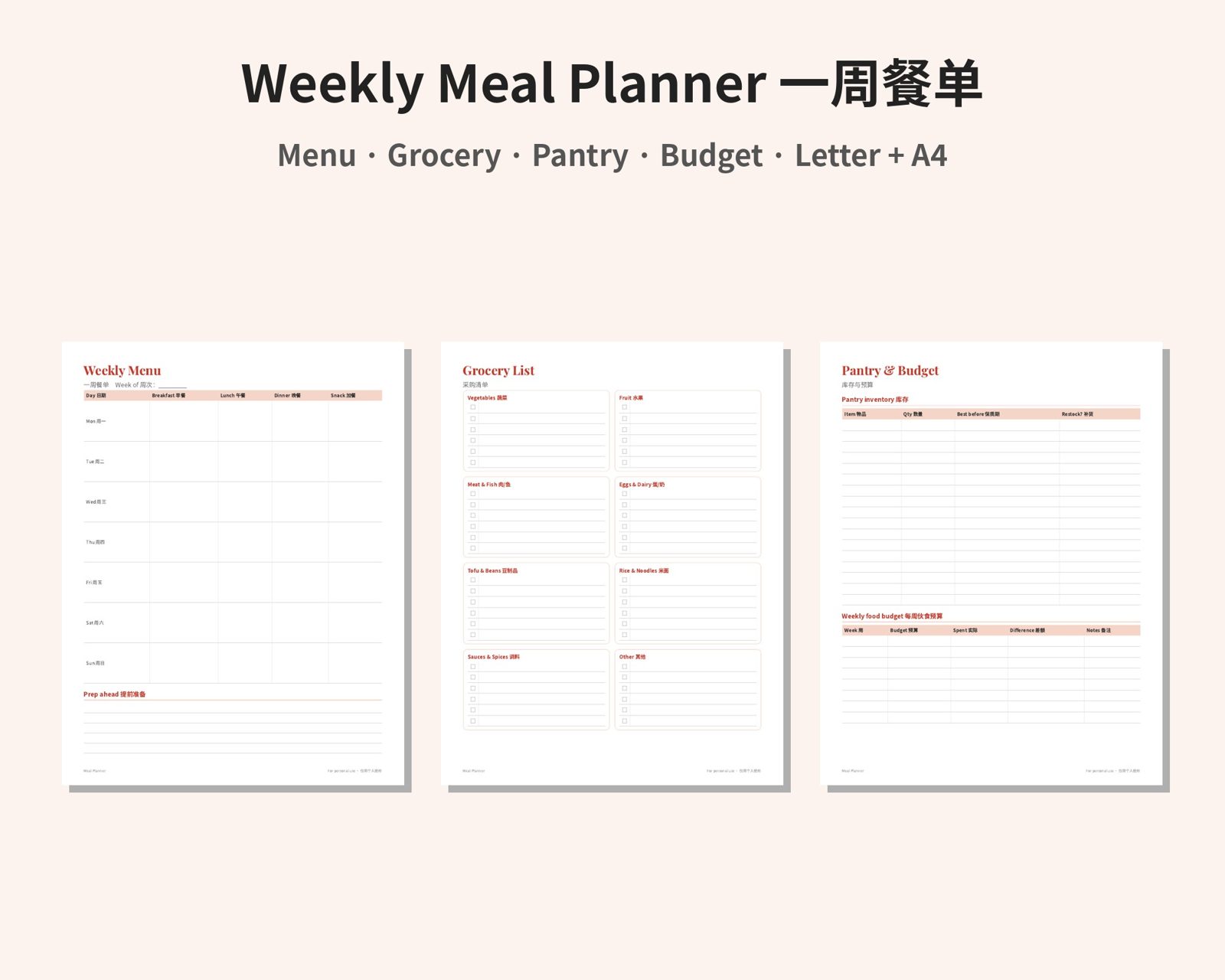 Weekly Meal Planner: Menu, Grocery List, Pantry & Budget (Letter + A4)