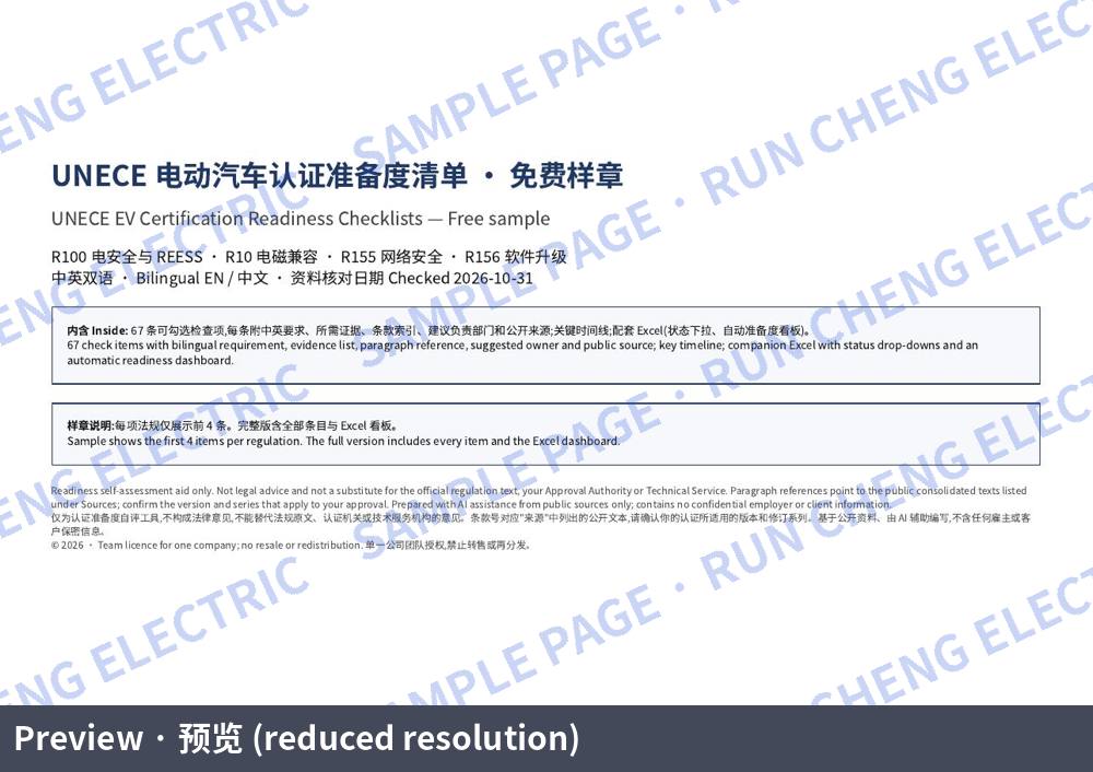 UNECE R100 / R10 / R155 / R156 Checklists: Free Sample (PDF): Cover (sample page)